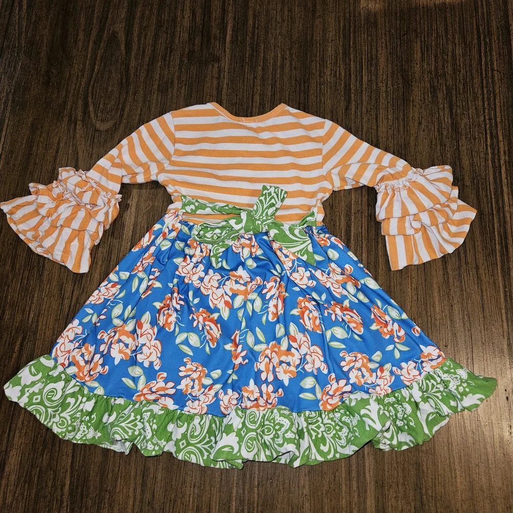 Vibrant Kids Dress with Orange Stripes and Floral Design